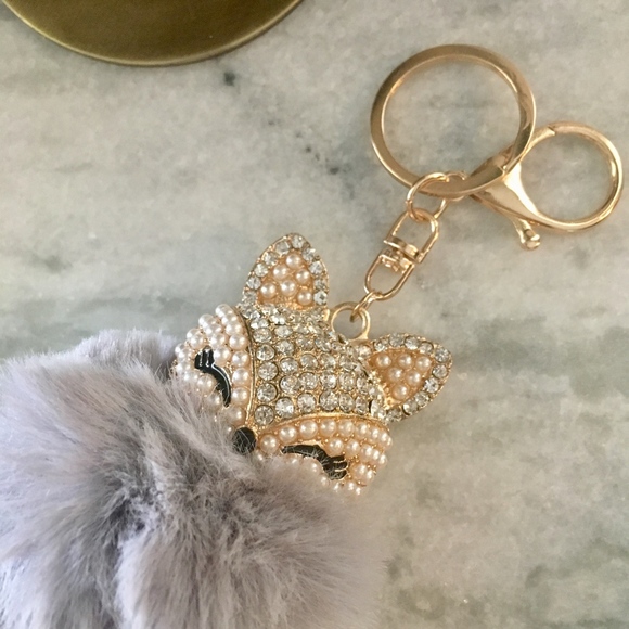 Rhinestone Fox Furry Pom Pom Pearl Keychain Purse - Picture 3 of 4